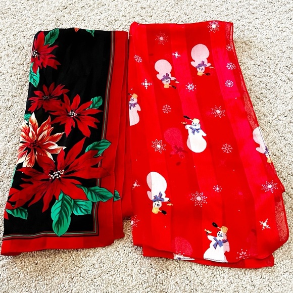 Long Rectangle Christmas Scarf Scarves Poinsettia Snowman Winter Red Lot 2x - Picture 1 of 8